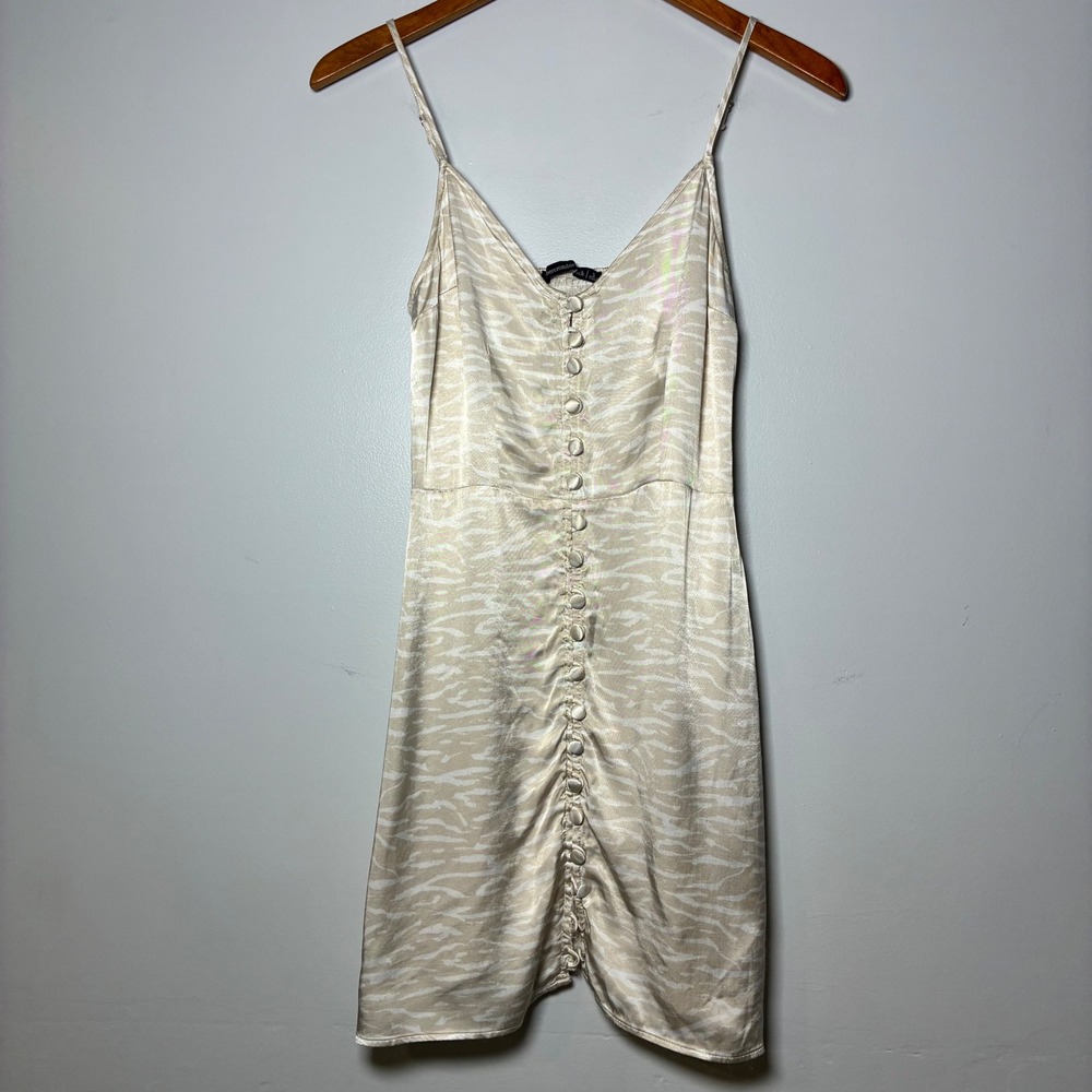 Y2K Abercrombie & Fitch Slip Dress S Cream Zebra Smocked Satin Party Chic Glam